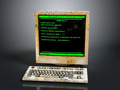 Vintage Electronic Computer With Worn Monitor Keyboard And Green Screen Text 3d model