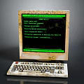 Vintage Electronic Computer With Worn Monitor Keyboard And Green Screen Text