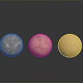 Three Spherical Stone Objects With Rough Texture On Light Brown Wood Surface And Reflections