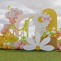 Cute Smiley Face And Yellow Umbrella Decor With White Flowers On Green Grass