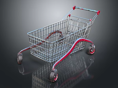 Sturdy Metal Shopping Cart With Red Handle Wire Frame And Rolling Wheels 3d model