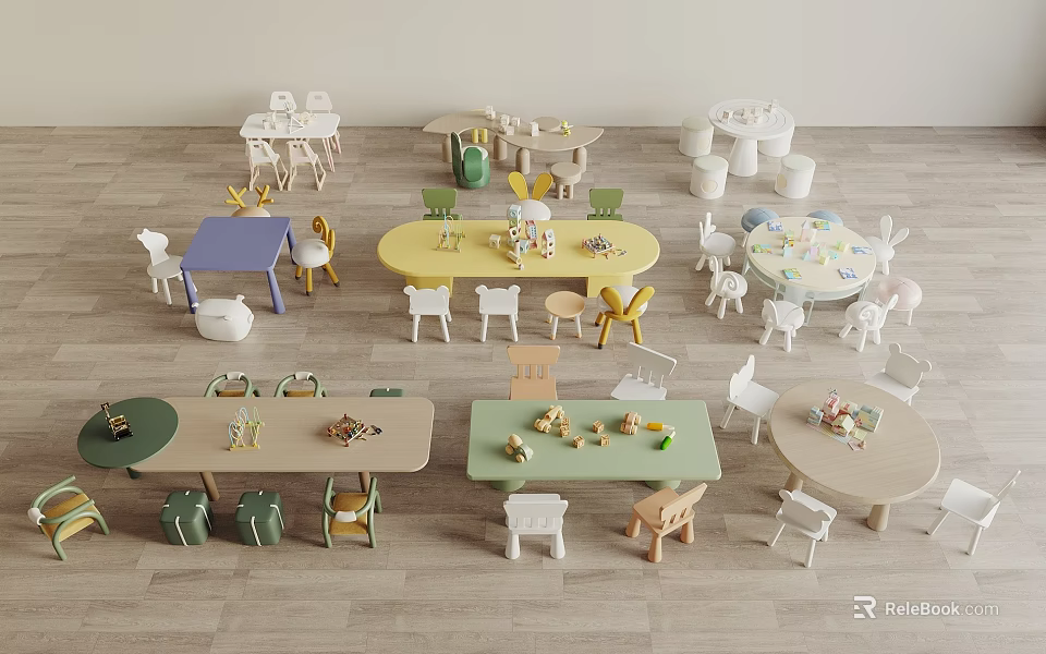 Colorful Kids Table With Various Shapes And Matching Chairs For Children Playroom Study 3d model 