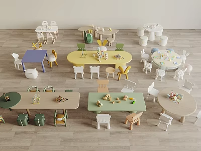 Colorful Kids Table With Various Shapes And Matching Chairs For Children Playroom Study 3d model