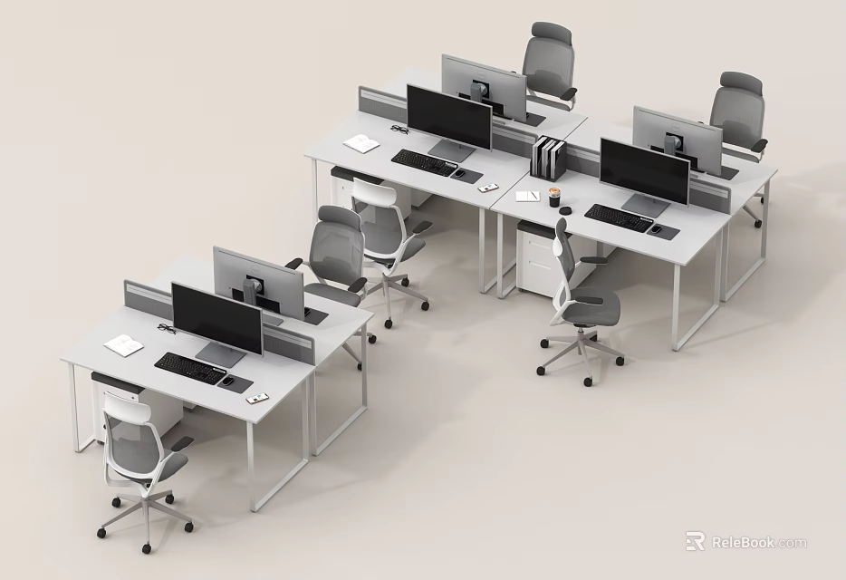 Modern Office Desk Workspace Setup With Ergonomic Chairs Computer Monitors And Partition Screens 3d model 