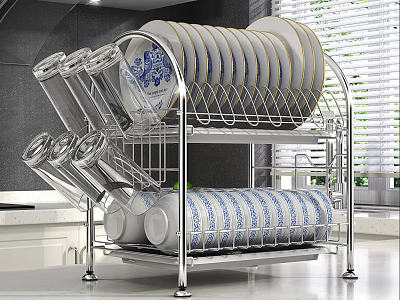 Kitchen Cabinets Storage With Stainless Steel Dish Rack Plates Bowls And Cups 3d model