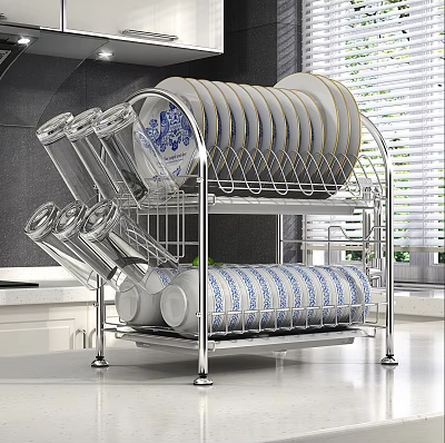 Kitchen Cabinets Storage With Stainless Steel Dish Rack Plates Bowls And Cups 3d model