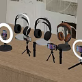 Wooden Desk Setup With Ring Lights Headphones And Phone Tripods