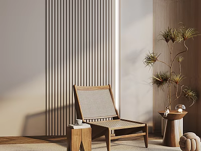 Leisure Chair in Minimalist Room with Vertical Striped Wall Wooden Side Table and Potted Plant 3d model