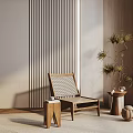 Leisure Chair in Minimalist Room with Vertical Striped Wall Wooden Side Table and Potted Plant