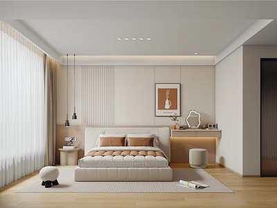 Modern Minimalist Bedroom Interior With Large Bed Decorative Painting And Soft Curtains 3d model