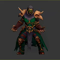 Hooded Game and Movie Character With Green Face Bone Decorated Armor and Purple Cloak