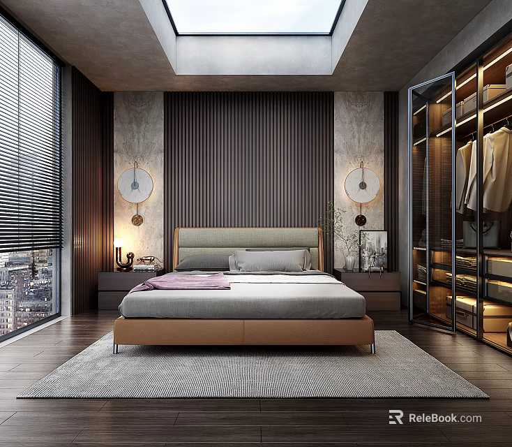 Modern Bedroom Interior Featuring Vertical Striped Walls Round Wall Lamps Skylight And Open Wardrobe 3d model 