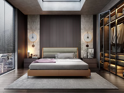 Modern Bedroom Interior Featuring Vertical Striped Walls Round Wall Lamps Skylight And Open Wardrobe 3d model