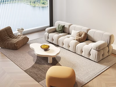 Modern Beige Sofa And Coffee Table Set With Green Pillows Accent Chair And Lake View Window 3d model