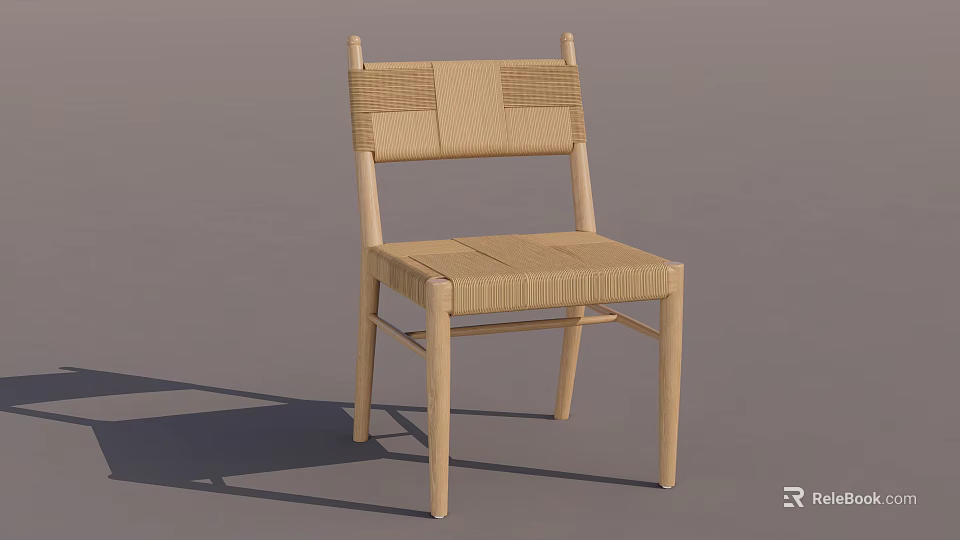 Simple Wooden Dining Chair With Woven Seat And Backrest Design 3d model