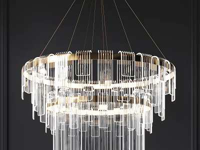 Elegant Circular Chandelier With Multi Layer Glass Fringe And Gold Metal Frame Illuminated 3d model