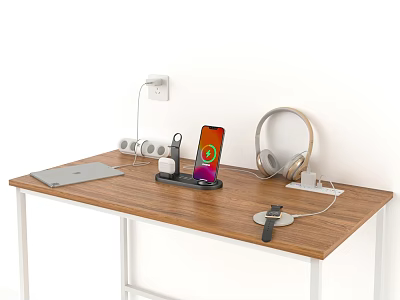 Mobile Phone Accessories Setup on Wooden Desk with Laptop Headphones and Charging Dock 3d model