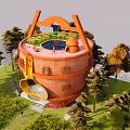 Unique Round Red Brick Guesthouse Building With Trees And Flower Field