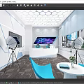 Modern Public Office Space With Hexagonal Ceiling Large Screens White Desk And Blue Chairs