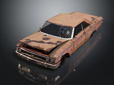Abandoned Old Rusted Vintage Car With Broken Windshield And Weathered Body 3d model