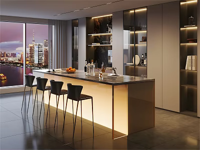 Modern Restaurant Interior With Open Kitchen City Skyline River View And Black Bar Stools 3d model