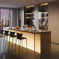 Modern Restaurant Interior With Open Kitchen City Skyline River View And Black Bar Stools