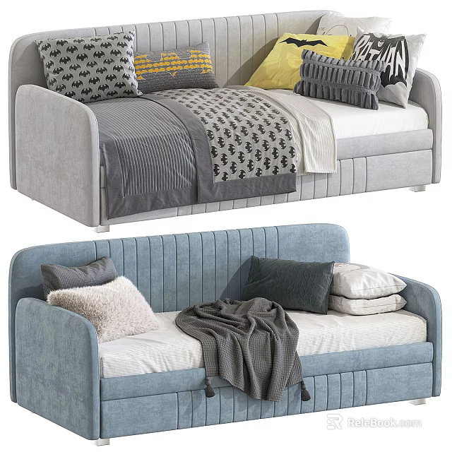 Modern Upholstered Sectional Sofa With Gray Blue Tones Decorative Pillows And Throw Blanket 3d model 