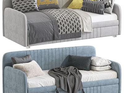 Modern Upholstered Sectional Sofa With Gray Blue Tones Decorative Pillows And Throw Blanket 3d model