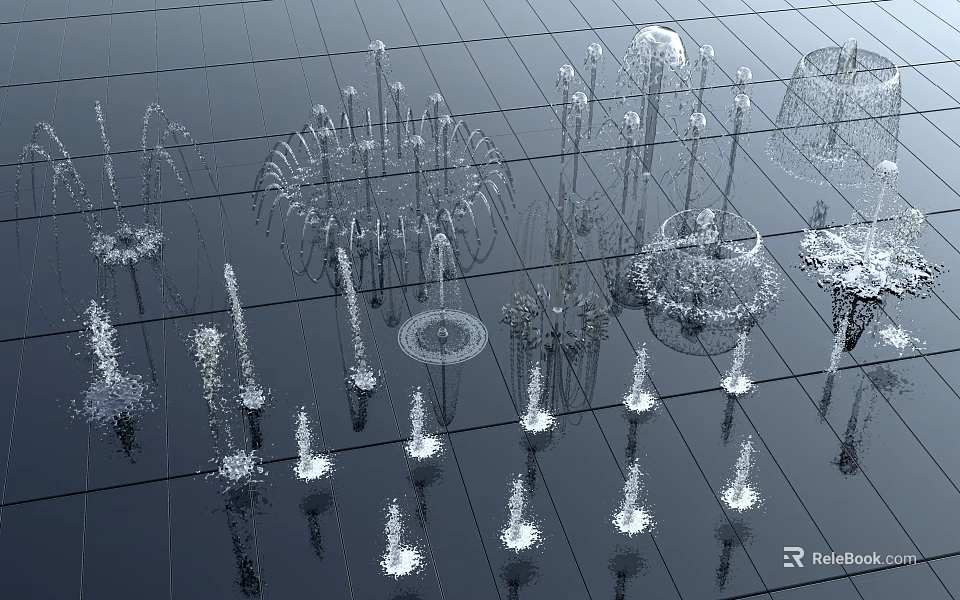 Modern Fountains With Various Intricate Designs On Grid Background And Reflective Surfaces 3d model 