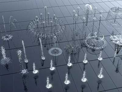 Modern Fountains With Various Intricate Designs On Grid Background And Reflective Surfaces 3d model