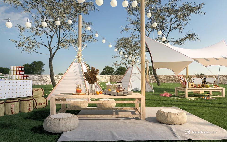 Scenic Camping Camp With Teepee Tents Hanging Lights Food Drinks Setup Wooden Table And Poufs 3d model 