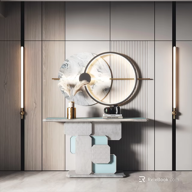 Elegant Modern Console Table With Round Decorative Mirror Marble Top And LED Lighting 3d model