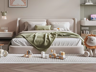Cozy Kids Bed With Soft Green Blanket Playful Toys Warm Lamp And Cute Rug 3d model