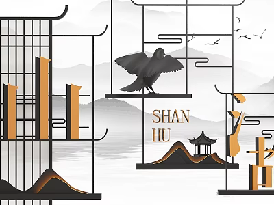 New Chinese Decorative Chinese Landscape Decorative Chinese Elements 3d model