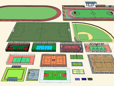 Colorful Football Field Design Layout With Green Turf And Multi Sports Elements 3d model