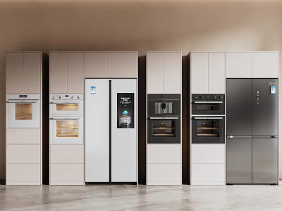 Modern Kitchen Appliances Featuring Built-in Ovens And Stainless Steel Refrigerator Cabinet Design 3d model