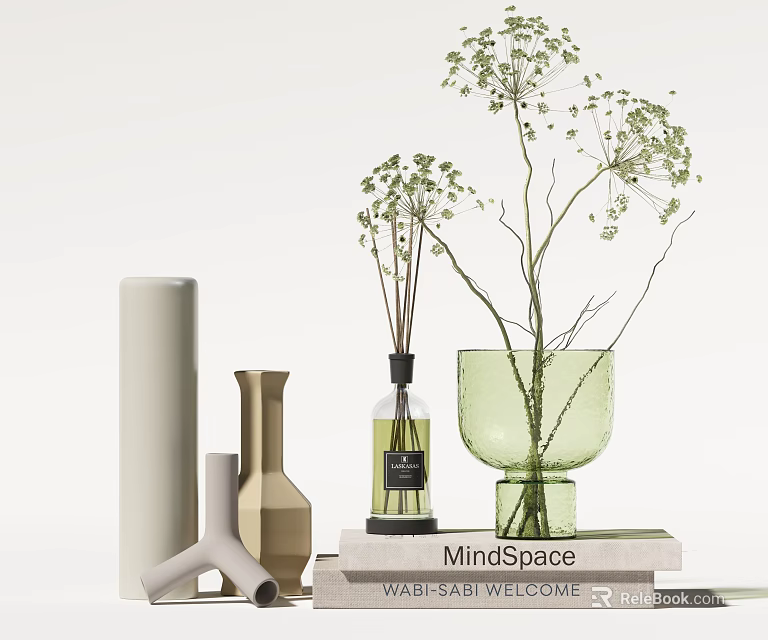 Minimalist Wabi Sabi Decorative Ornament Set With Vases Plants And Stacked Books 3d model 