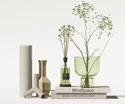 Minimalist Wabi Sabi Decorative Ornament Set With Vases Plants And Stacked Books 3d model
