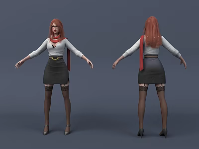Game Movie Character With Red Hair White Top Black Skirt Red Scarf Front Back View 3d model