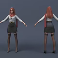 Game Movie Character With Red Hair White Top Black Skirt Red Scarf Front Back View