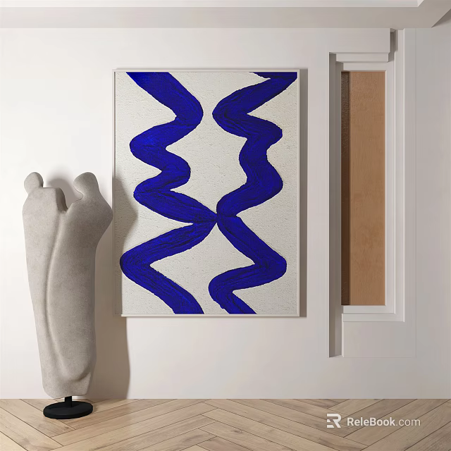 Blue And White Wavy Pattern Artwork With Sculpture In Modern Interior Space 3d model