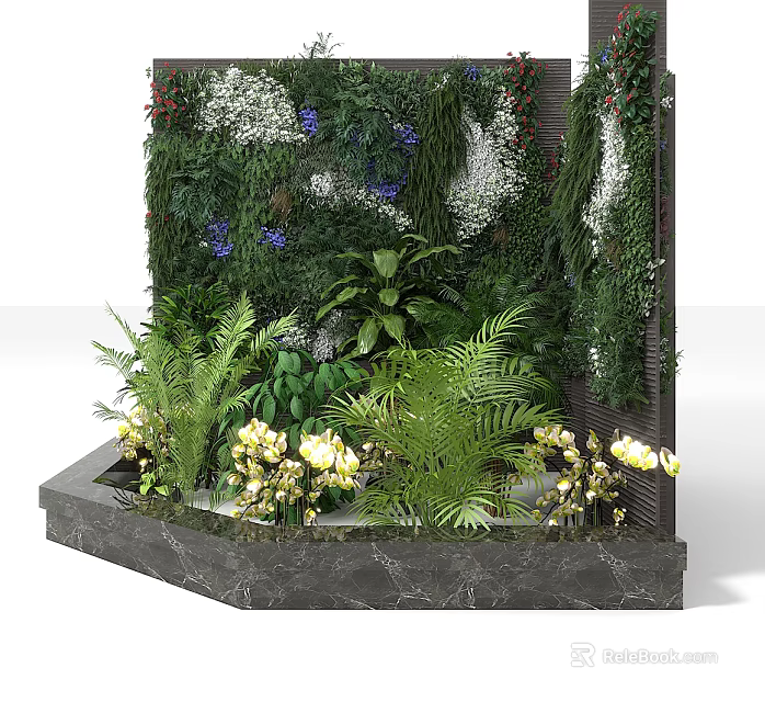 Vertical Green Wall Garden Ornament With Various Plants And Yellow Blooms On Marble Base 3d model 