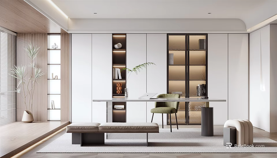 Modern Study Room Interior With Wooden Desk Green Chair And Built in Bookshelves 3d model 