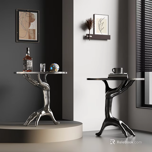 Modern Metallic Side Tables With Tree Branch Design And Decorative Items In Interior 3d model