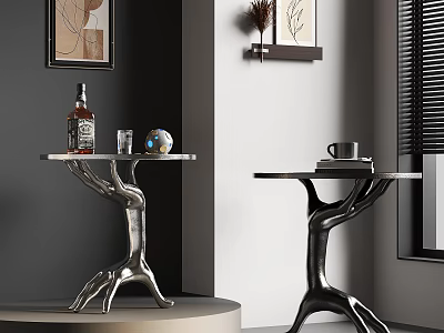 Modern Metallic Side Tables With Tree Branch Design And Decorative Items In Interior 3d model