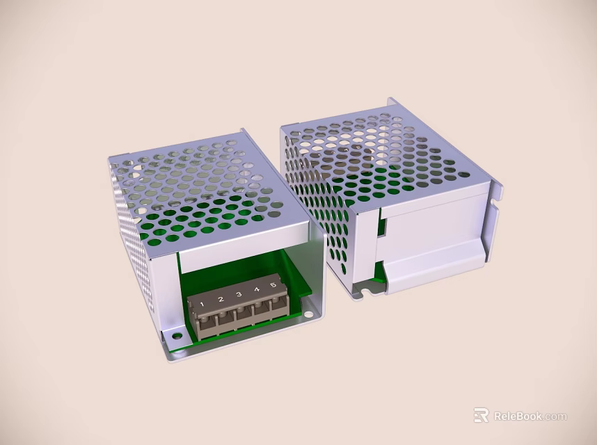 Two Power Supply Enclosures With Grid Design And Green Interior Components 3d model