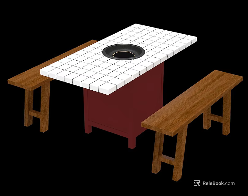 Dining Table Set With White Tile Top Round Center Red Base And Wooden Benches 3d model 