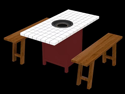 Dining Table Set With White Tile Top Round Center Red Base And Wooden Benches 3d model