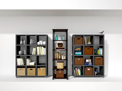 Modern Bookcases Design With Books Decorative Items Storage Baskets And Vases 3d model