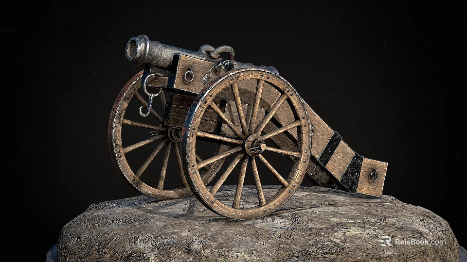 Antique Cannon Weapon With Wooden Wheels On Stone Platform 3d model 
